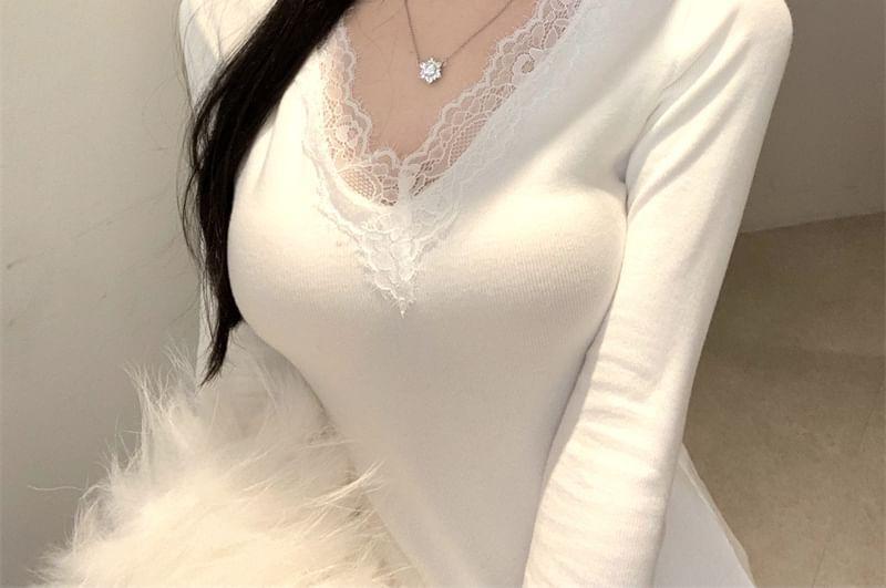 Long Sleeve V-Neck Plain Panel Lace Top Product Image