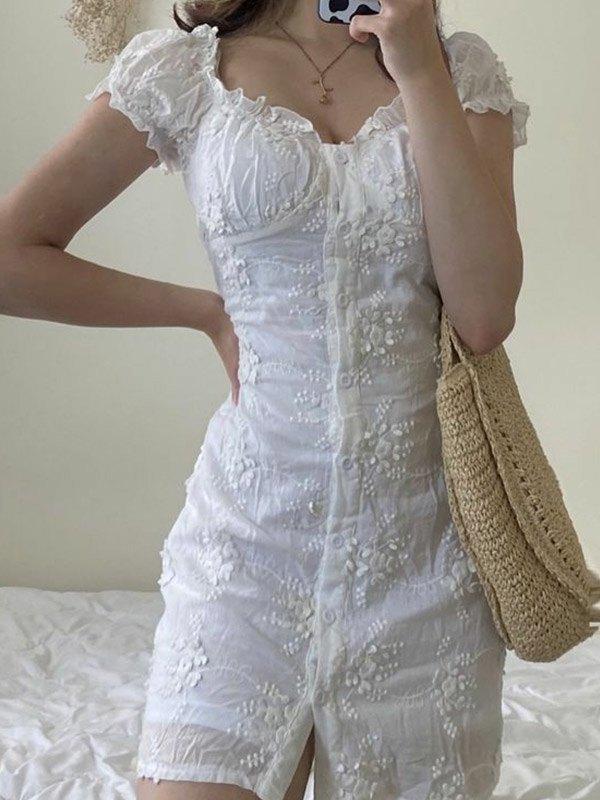 Buttoned Floral Jacquard Puff Sleeve Mini Dress Product Image