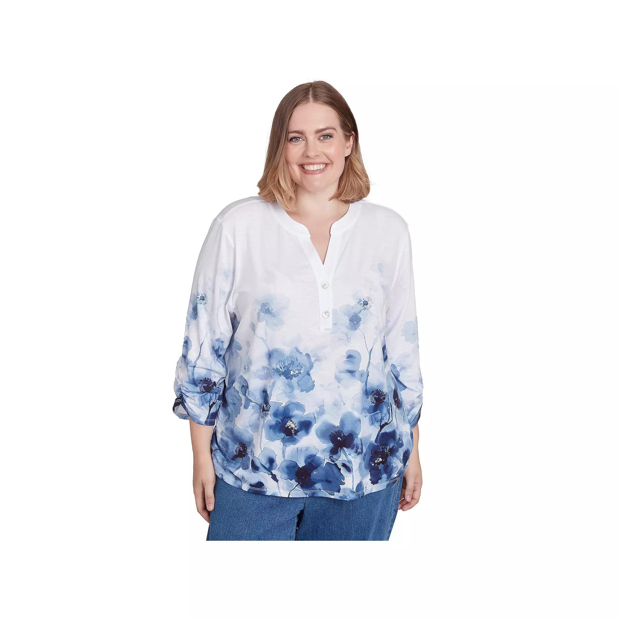 Plus Size Alfred Dunner Floral Border Ruched Sleeve Button Placket V-Neck Henley Top, Women's, Size: 3XL, Multi Blue Product Image