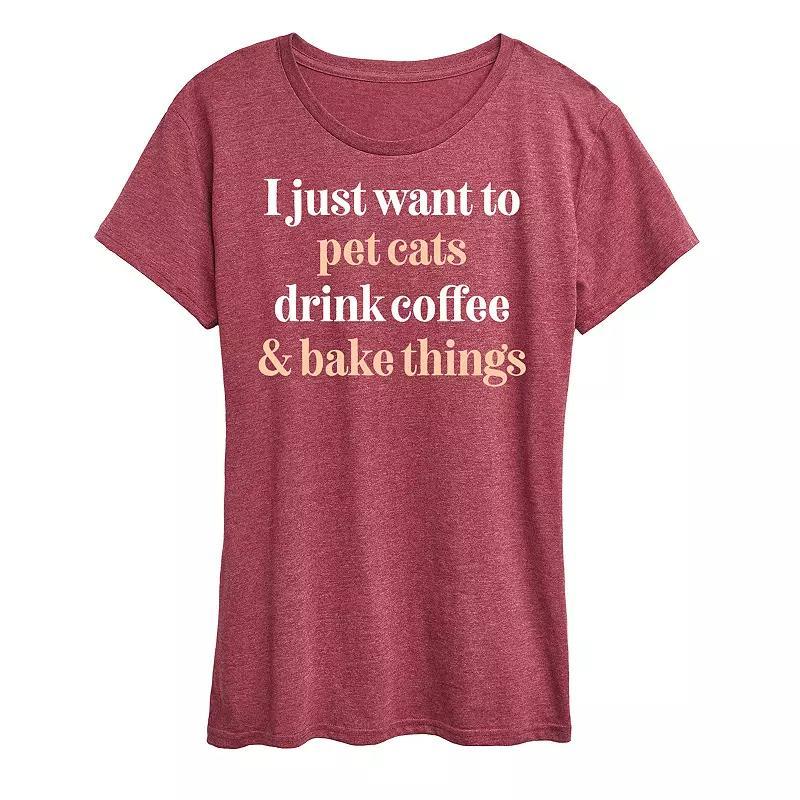 Womens Pet Cats Drink Coffee Bake Graphic Tee Grey Dark Red Product Image