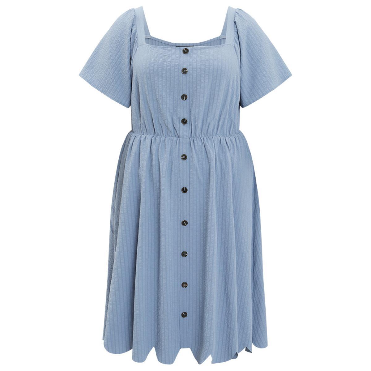 Plus Size Plain Textured Ruffle Sleeve Pocket Scalloped Trim Dress Stone Women Office Elastic Waist Square Neck Short sleeve Curvy Knee Dress BloomChic 12/L Product Image