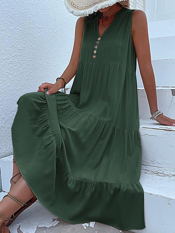 Loose Sleeveless Pleated Split-Joint V-Neck Midi Dresses Product Image