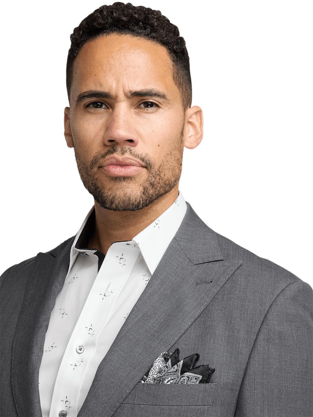 Wool Stretch Bengaline Single Breasted Peak Lapel Suit - Grey Product Image