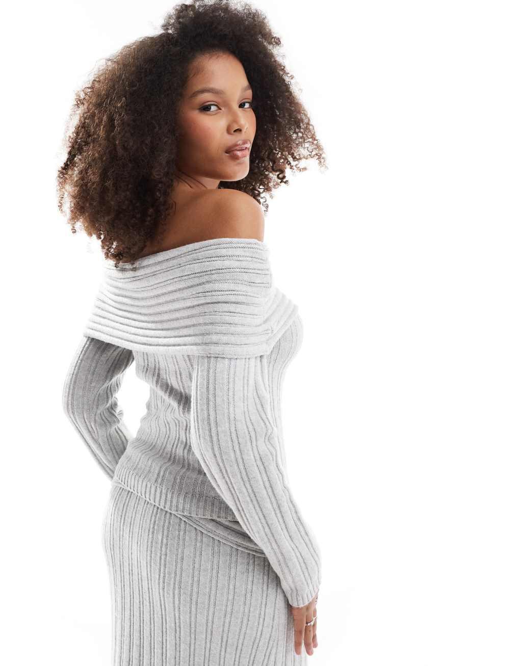 Pretty Lavish cozy bardot ribbed knit sweater in gray - part of a set Product Image