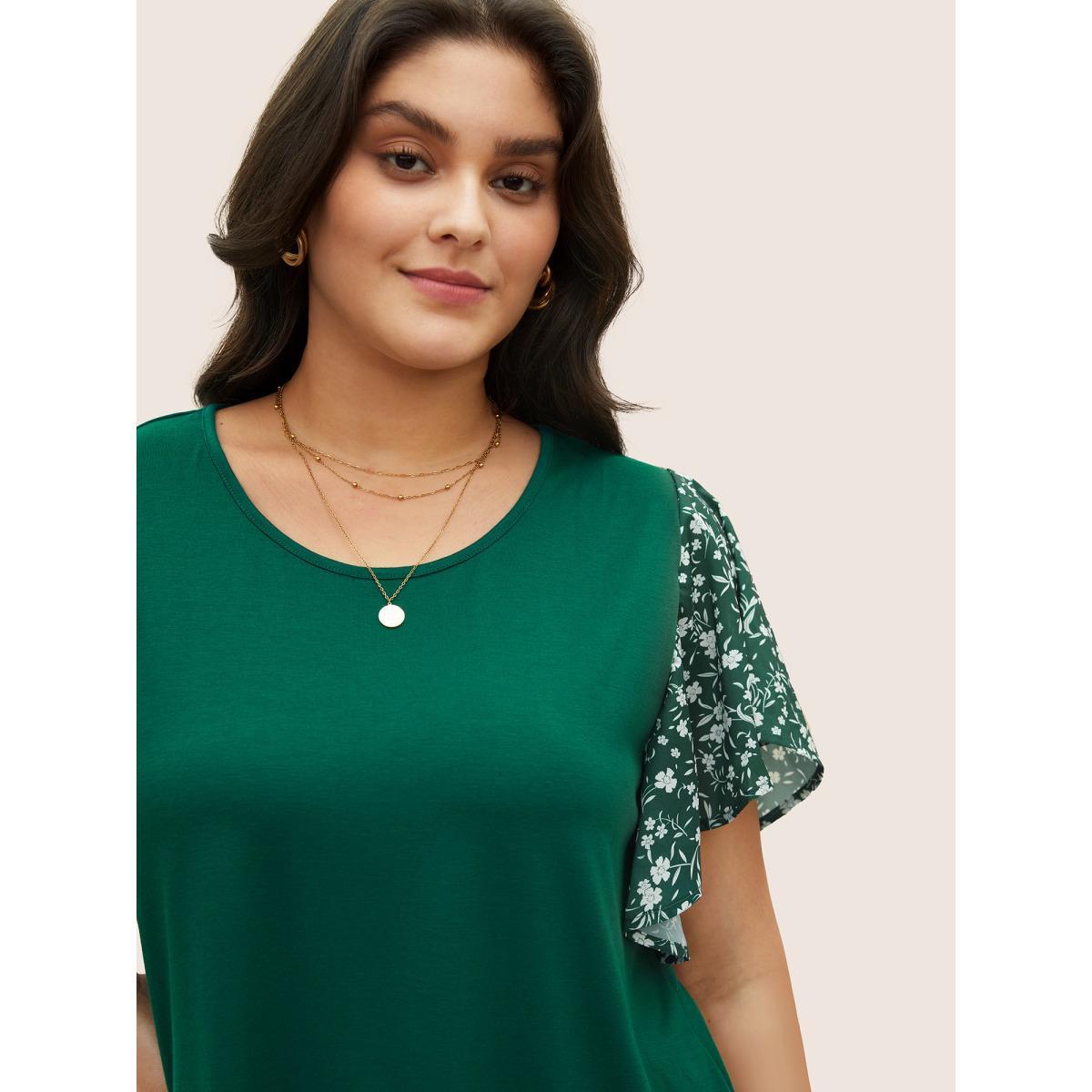 Plus Size Ditsy Floral Ruffle Sleeve Round Neck T-shirt DarkGreen Women Elegant Ditsy Floral Everyday T-shirts BloomChic 30/6X Product Image