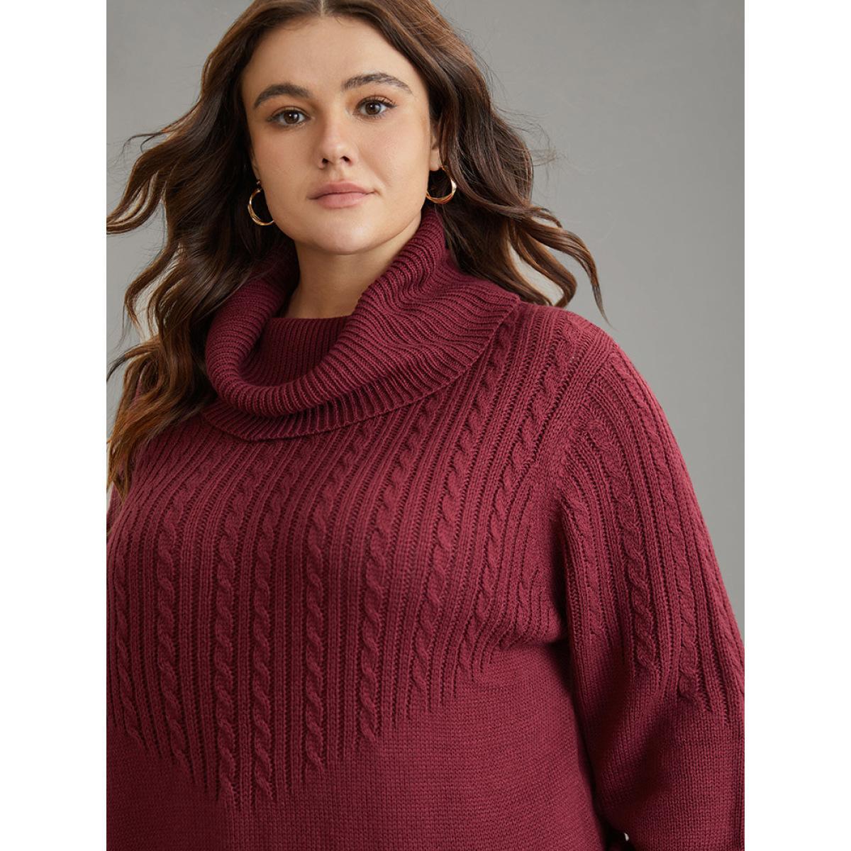 Plus Size Anti-Pilling Cable Knit Turtle Neck Patchwork Pullover Burgundy Women Casual Loose Long Sleeve Turtleneck Dailywear Pullovers BloomChic 10/M Product Image