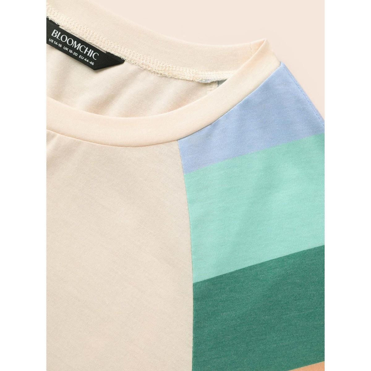 Plus Size Multi-color Striped Sleeves Loose Fit T-shirt Beige Women Casual Contrast Round Neck Everyday T-shirts BloomChic 12/L Product Image