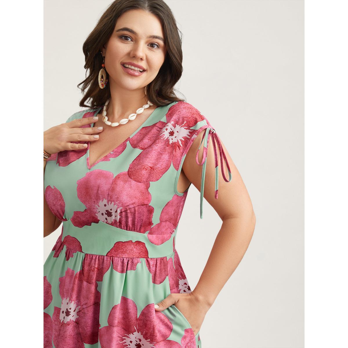 Plus Size Floral Print V-Neck Tied Midi Dress RedViolet Women Romantic Gathered V-neck Sleeveless Curvy BloomChic 18-20/2X Product Image