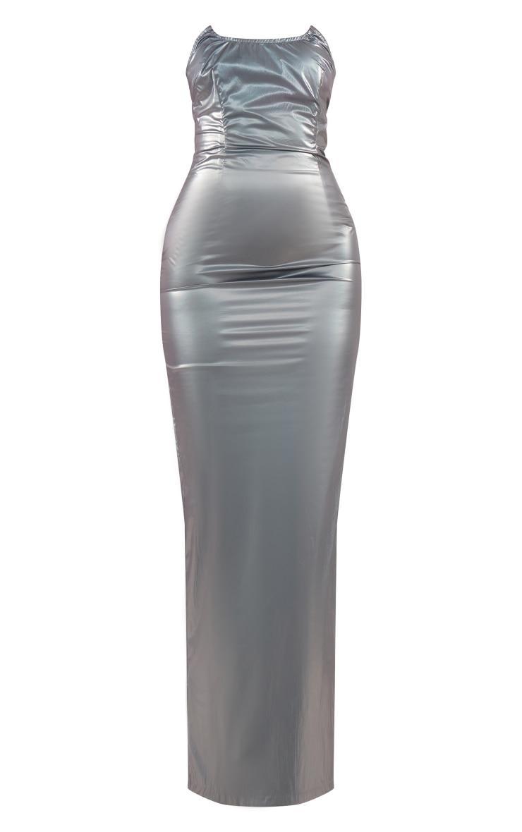 Blue Metallic Acetate Pointed Hem Maxi Dress Product Image