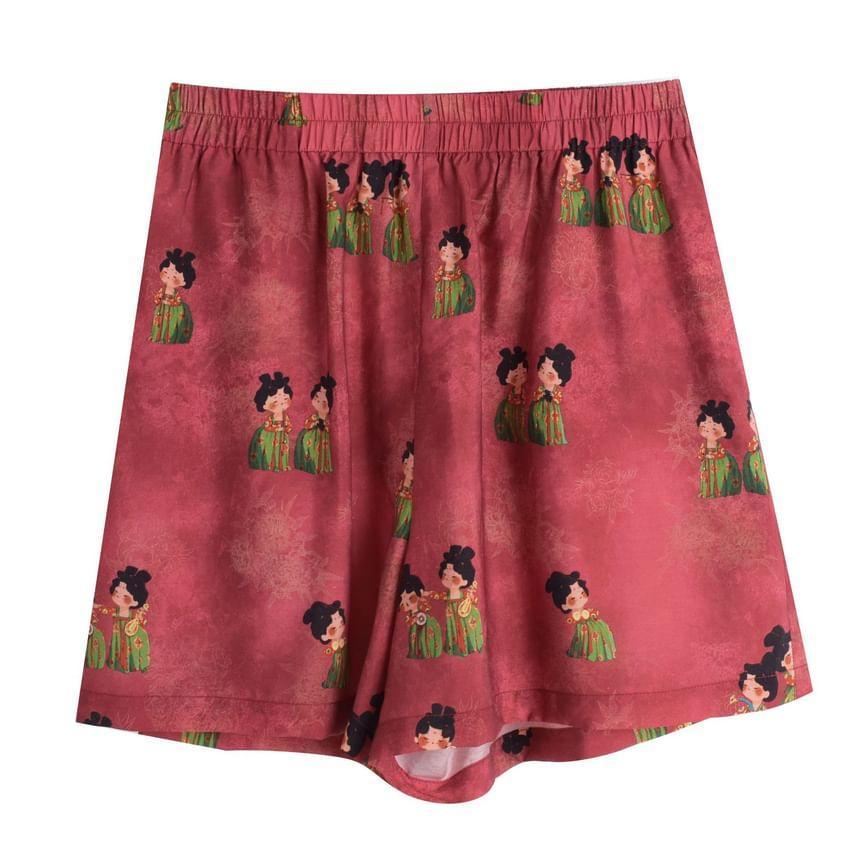 Plus Size Short-Sleeve Stand Collar Patterned Contrast Trim Tie Waist Blouse / Elastic Waist Wide Leg Shorts Product Image