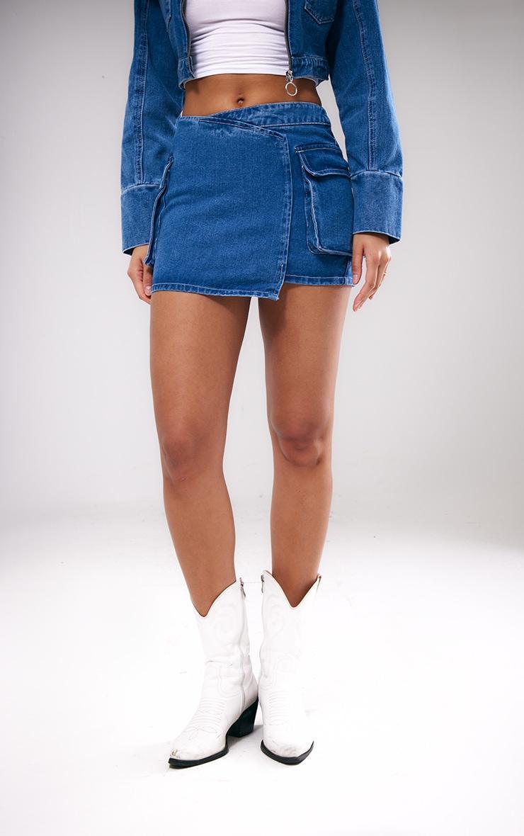 Indigo Blue Wash Cargo Pocket Crossover Denim Mini Skirt Product Image