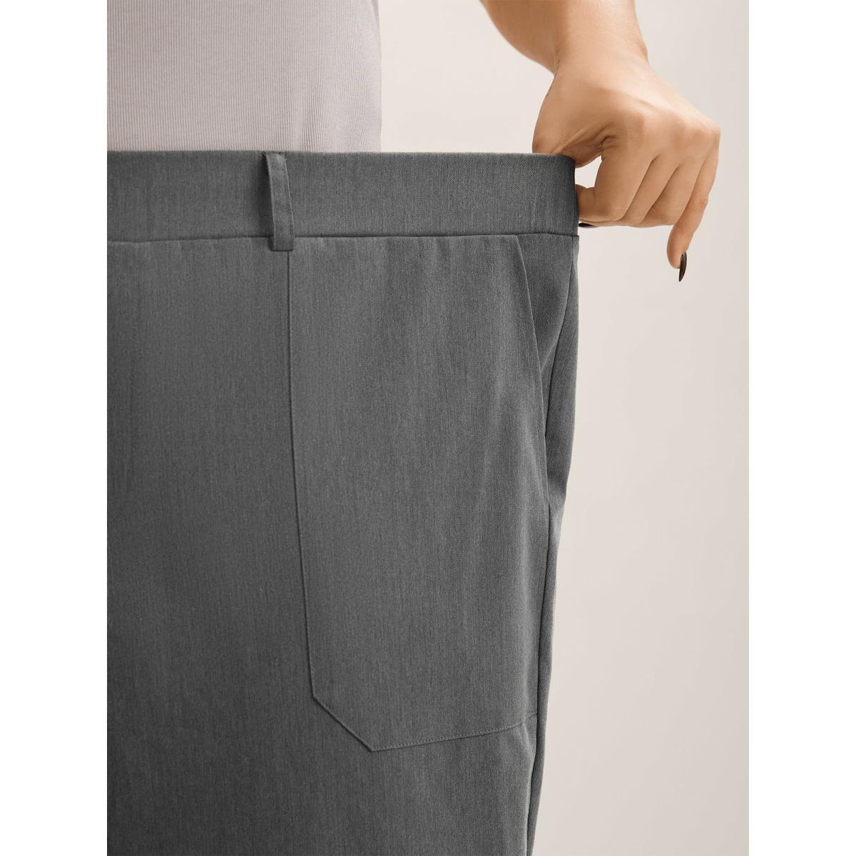 Plus Size Mid Waist Rolled Hem Straight-Leg Solid Pants Women DimGray At the Office Straight Leg Mid Rise Office Pants BloomChic 22-24/3X Product Image