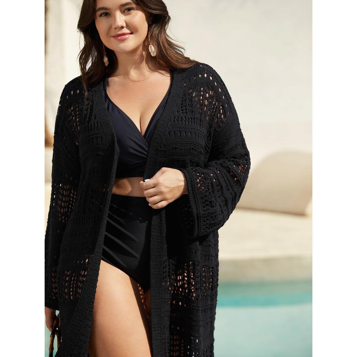 Plus Size Cut-Out Open Front Swim Cover-Up Women's Swimwear Black Resort Loose Cut-Out Curve Swim Cover Ups BloomChic 30/6X Product Image
