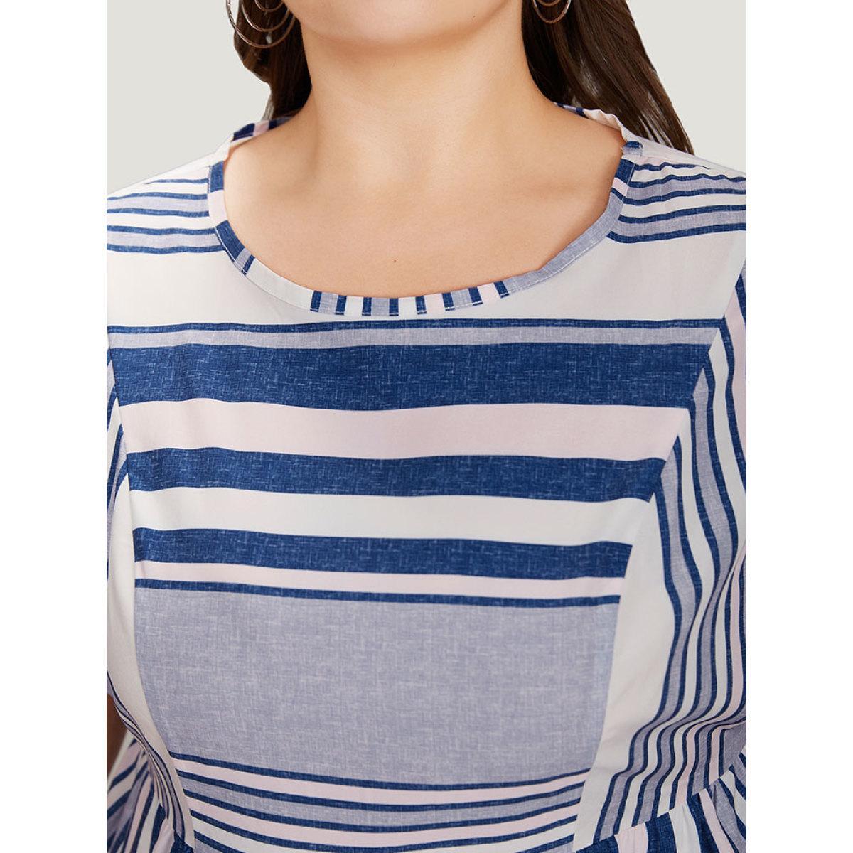 Plus Size Striped Print Patchwork Ruffle Sleeve Ruched Dress DarkBlue Women Vacation Round Neck Short sleeve Curvy Knee Dress BloomChic 30/6X Product Image