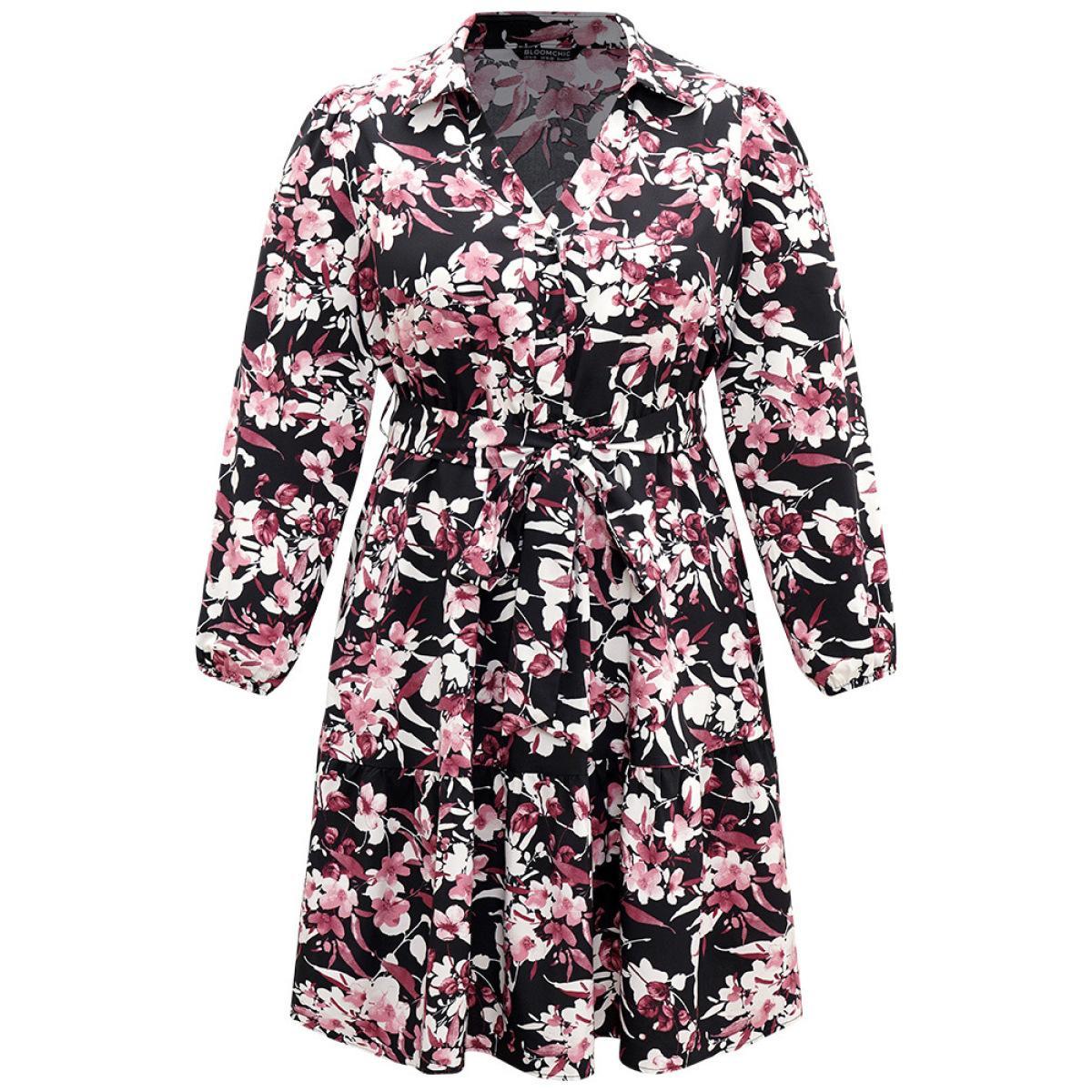 Plus Size Floral Print Belted Shirt Collar Dress Black Women Elegant Elastic cuffs V-neck Long Sleeve Curvy Knee Dress BloomChic 30/6X Product Image