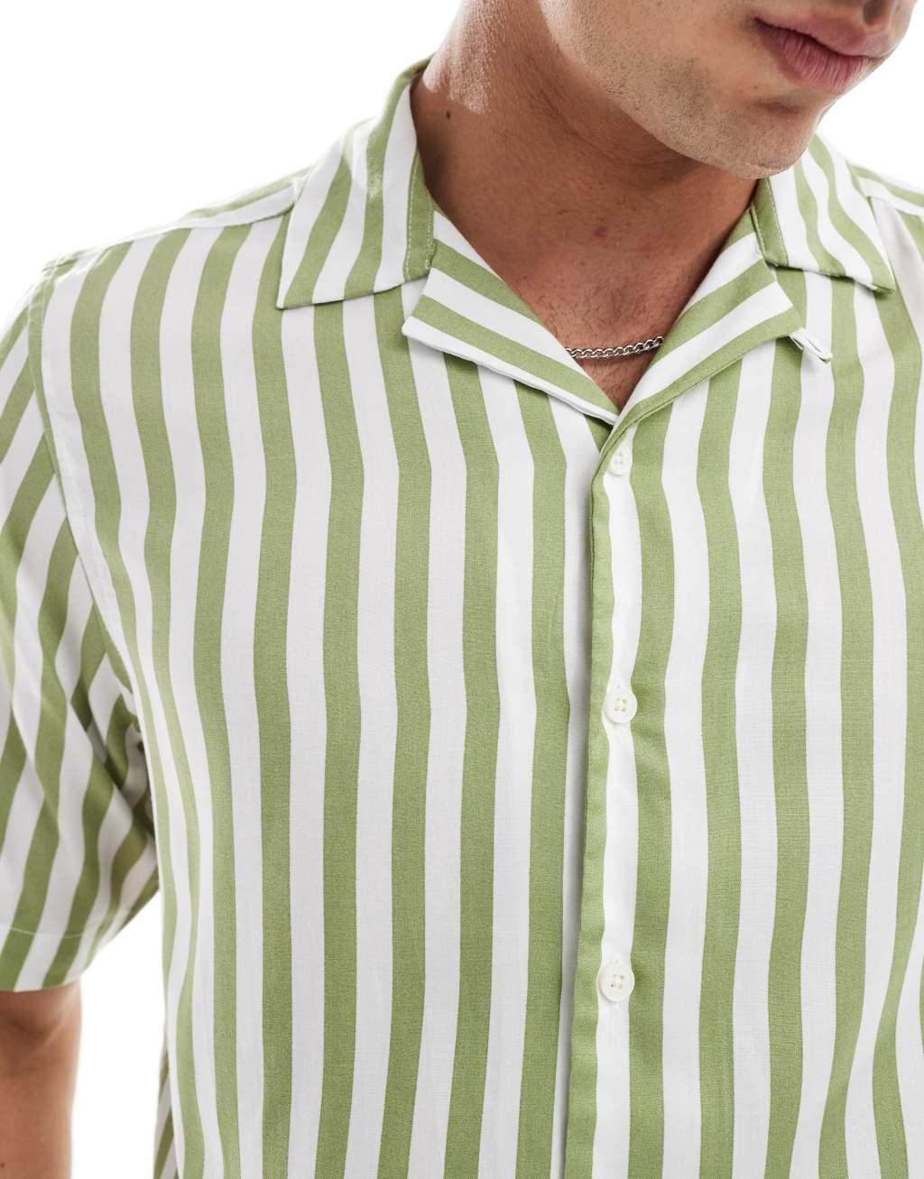 ONLY & SONS revere collar stripe shirt in sage Product Image