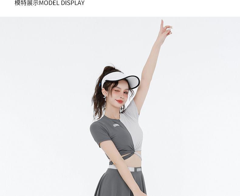 Set: Short-Sleeve Two Tone Knot Crop Swim Top + Skirt + Bikini Bottom Product Image