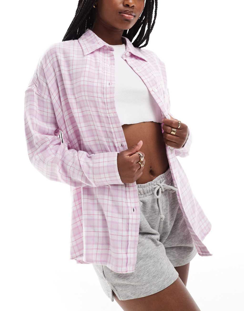 Cotton On oversized flannel pajama shirt in pink check  Product Image