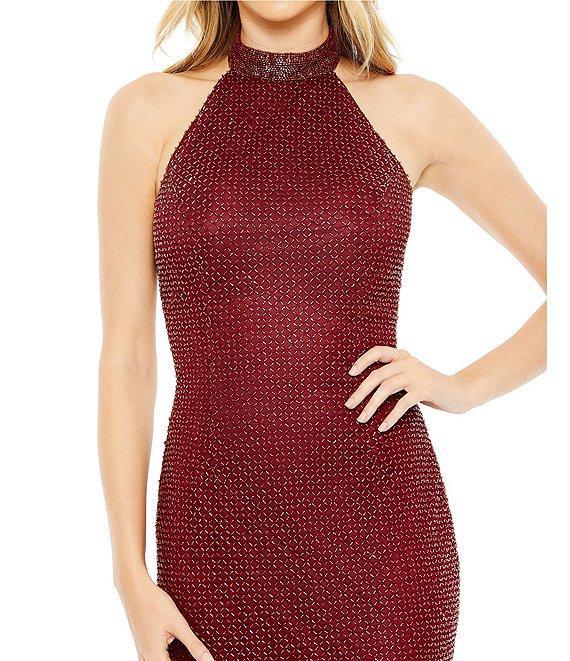 Mac Duggal Sequin Halter Mock Neck Sleeveless Midi Dress Product Image