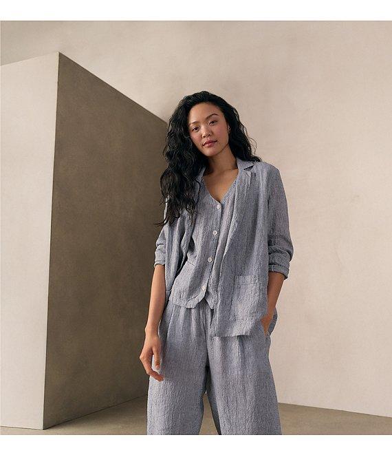Eileen Fisher Petite Puckered Organic Linen Yarn-Dyed Stripe Elastic Waist Pull-On Pants Product Image