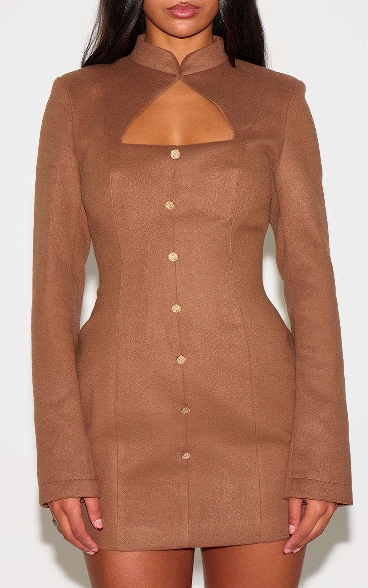 Deep Taupe Brushed Woven Long Sleeve Button Detail Mini Dress Product Image