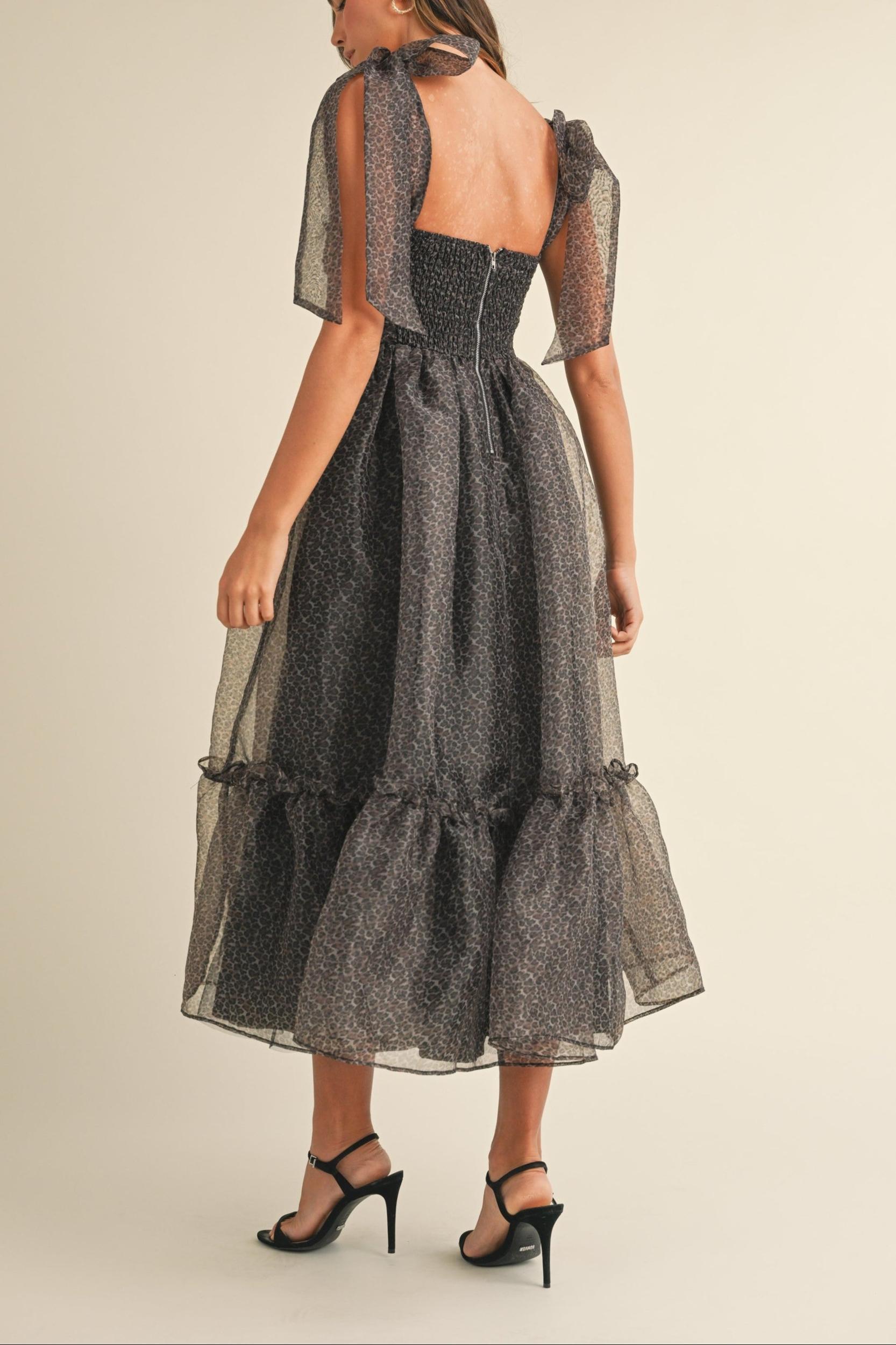 Leopard Print Tie Shoulder Organza Maxi Dress Product Image