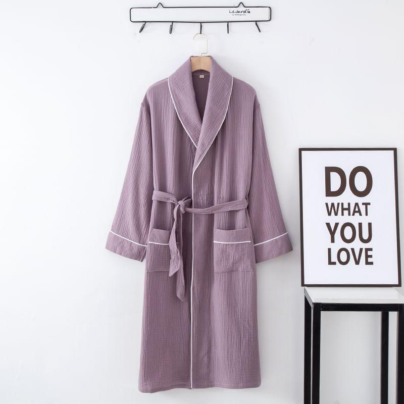 Couple Matching Plain Contrast Trim Tie Waist Pajama Robe (Various Designs) Product Image