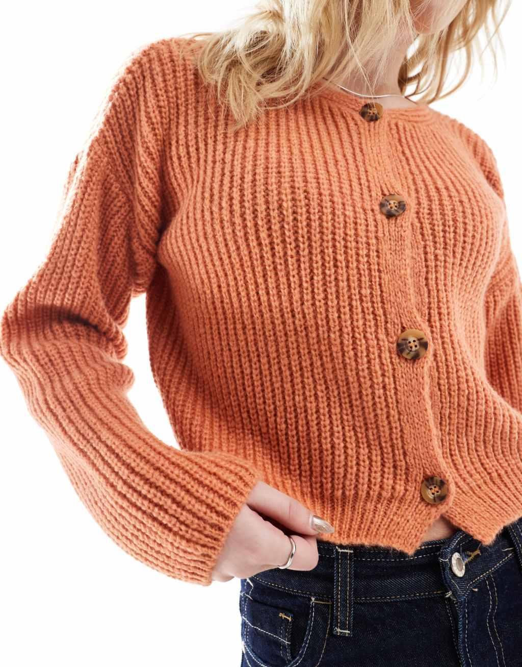 ASOS DESIGN knitted crew neck cardigan in apricot Product Image