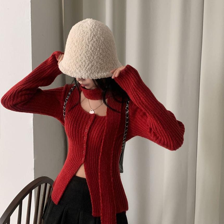 Long Sleeve Square Neck Ribbed Knit Cardigan with Scarf Product Image