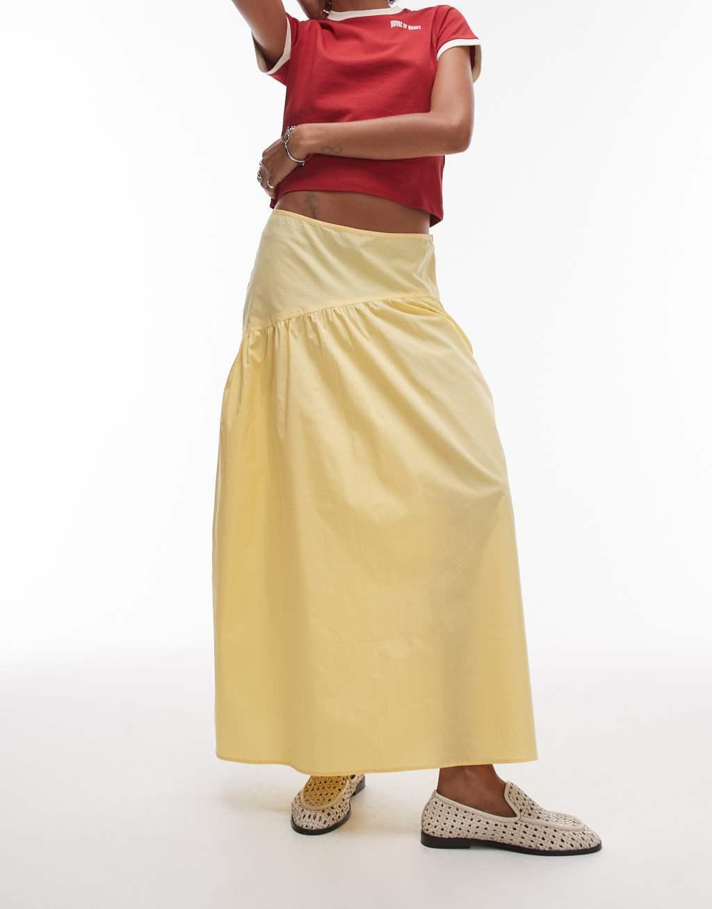 Topshop poplin full skirt with curved dropped waistband in yellow Product Image
