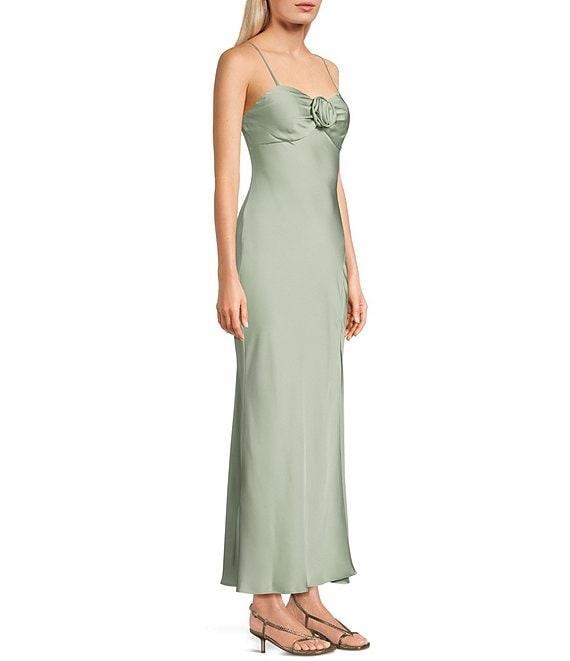 Next Up Satin Sweetheart Neck Front Rosette Side Slit Midi Dress Product Image