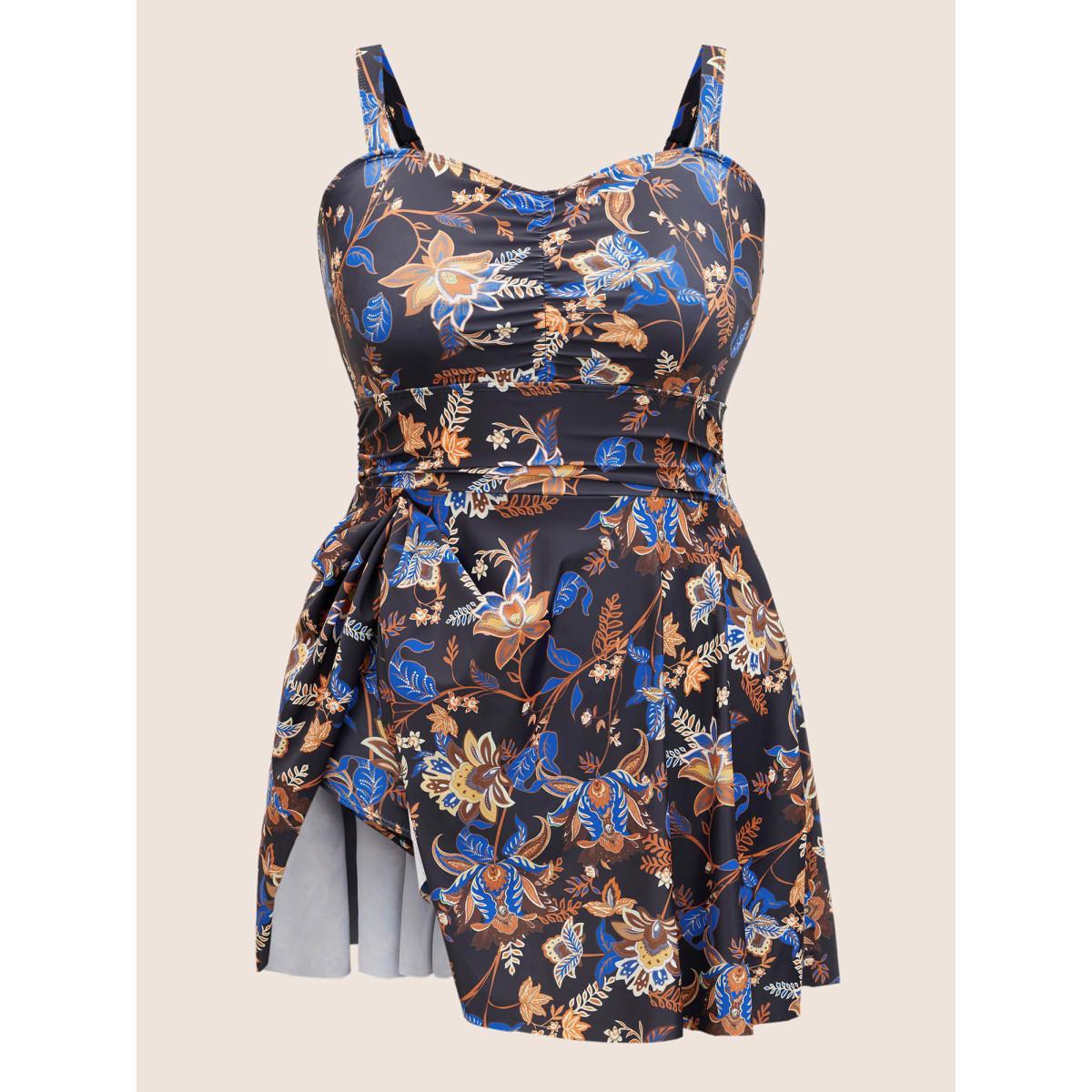 Plus Size Bandana Print Ruched Detail Adjustable Straps Swim Dress Women's Swimwear Black Beach Bodycon Heart neckline High stretch Curve Swim Dresses BloomChic 22-24/3X Product Image