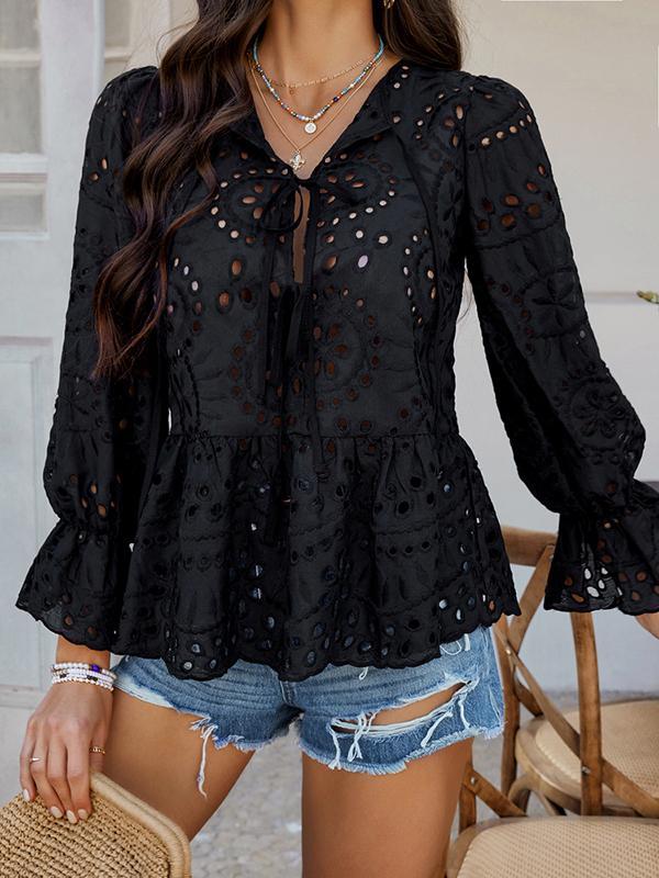 Long Sleeves Loose Elasticity Hollow Pleated Solid Color Tied Round-Neck Blouses&Shirts Tops Product Image