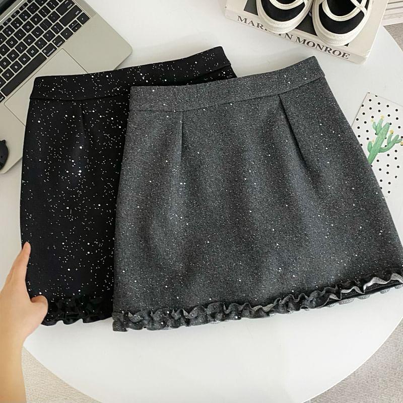 High Waist Lace Trim Glitter Mini A-Line Skirt Product Image