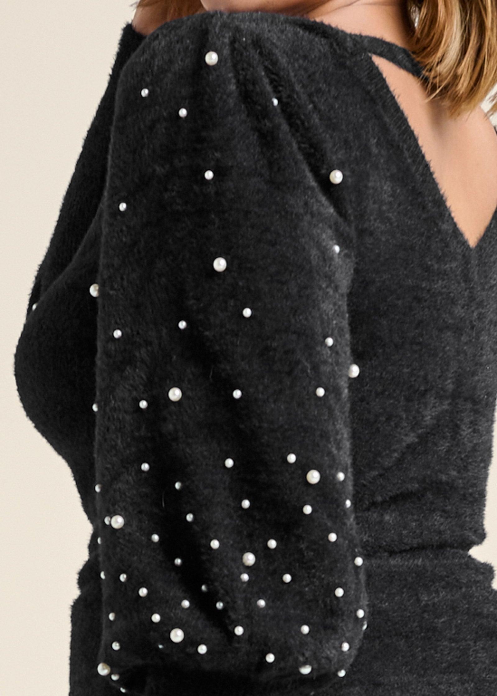 Cozy Bubble Sleeve Sweaters With Pearls - Black Product Image