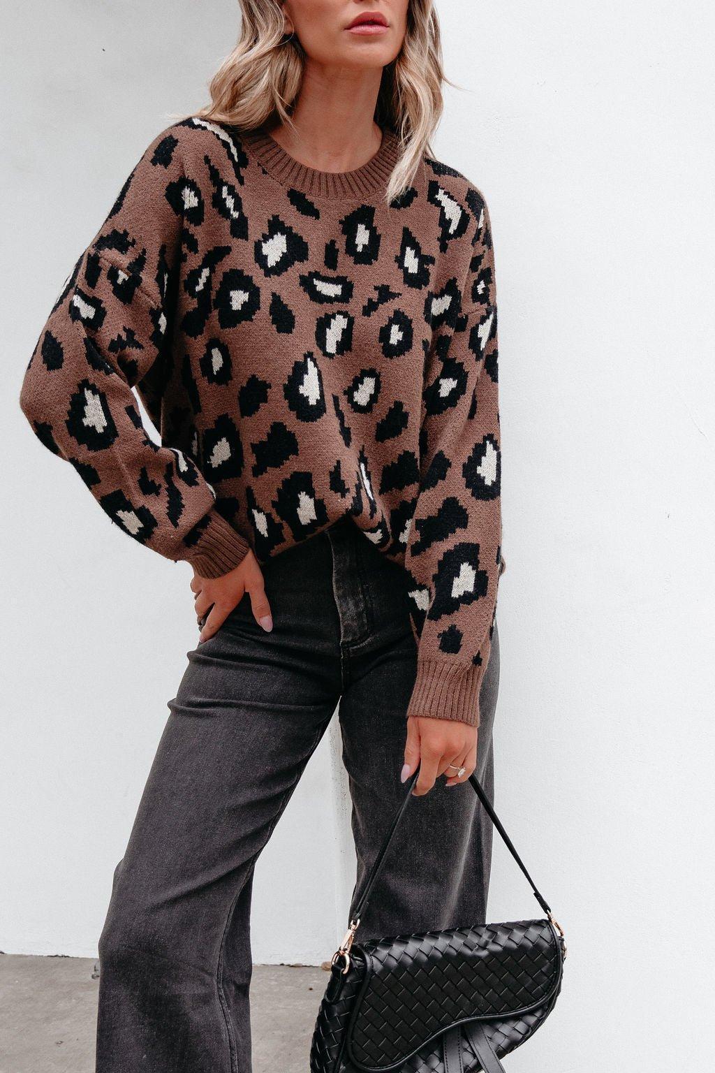 Brown Leopard Print Ribbed Sweater-FINAL SALE Product Image