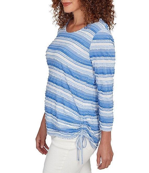 Ruby Rd. Petite Size Yarn-Dyed Eyelash Stripe Scoop Neck 3/4 Sleeve Adjustable Side Ties Top Product Image