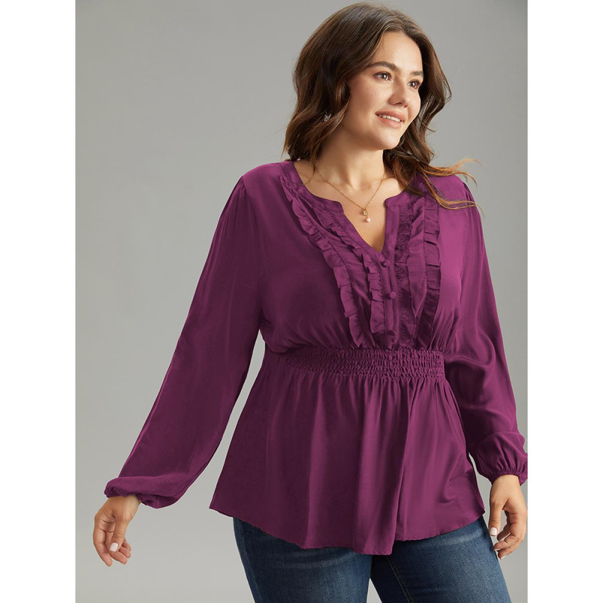 Plus Size RedViolet Solid Frill Trim Shirred Flutter Hem Blouse Women Elegant Long Sleeve Notched collar Dailywear Blouses BloomChic 12/L Product Image
