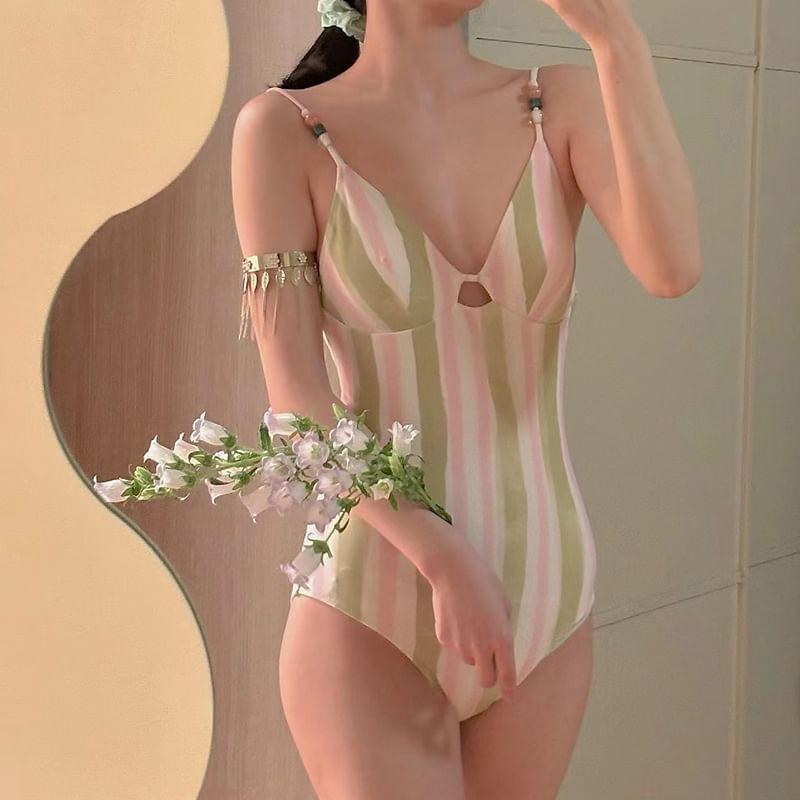 Spaghetti Strap Cutout Striped Swimsuit Product Image