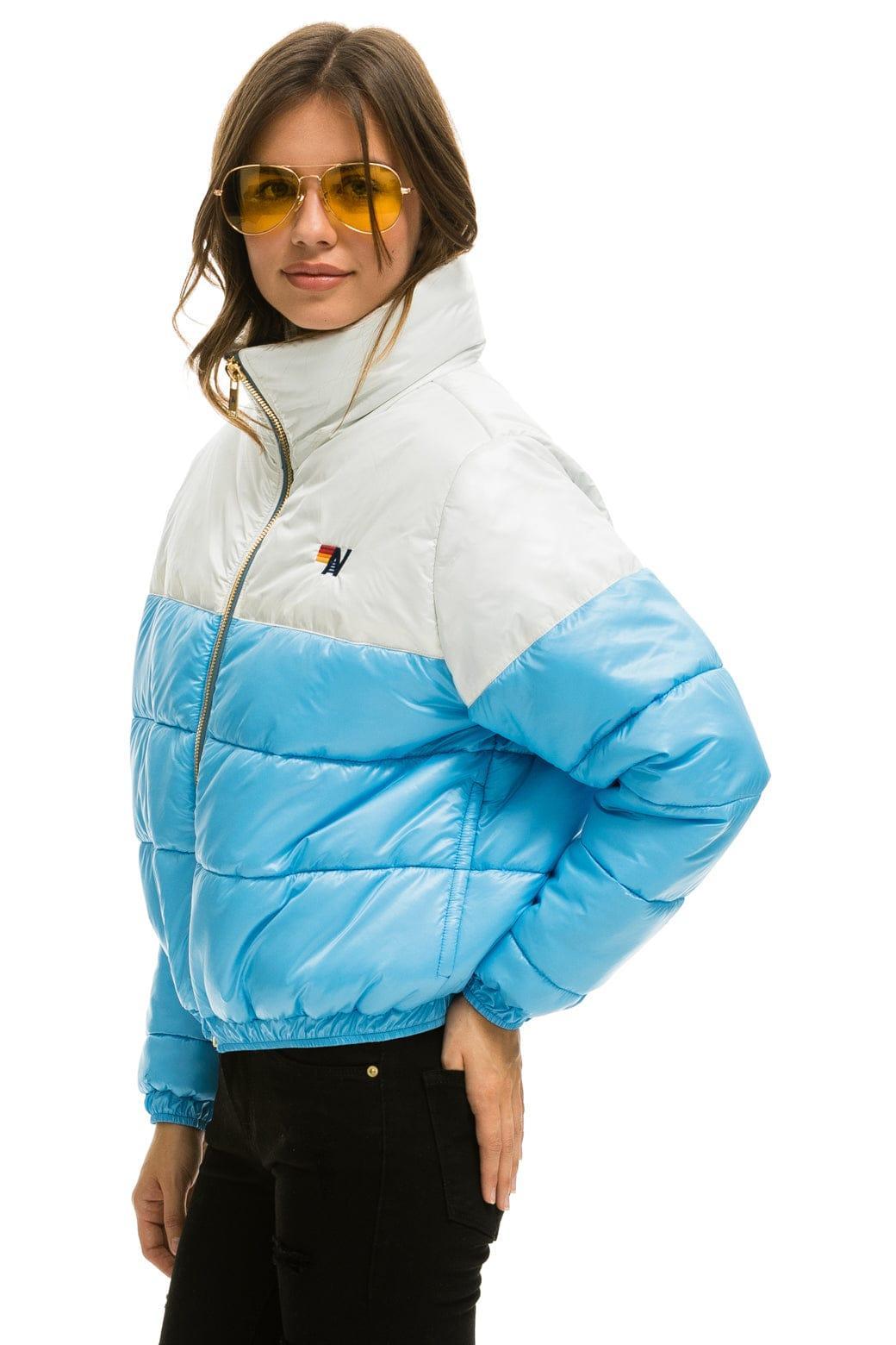 COLOR BLOCK HALF AND HALF APRES PUFFER JACKET - WHITE GLOSSY Female Product Image