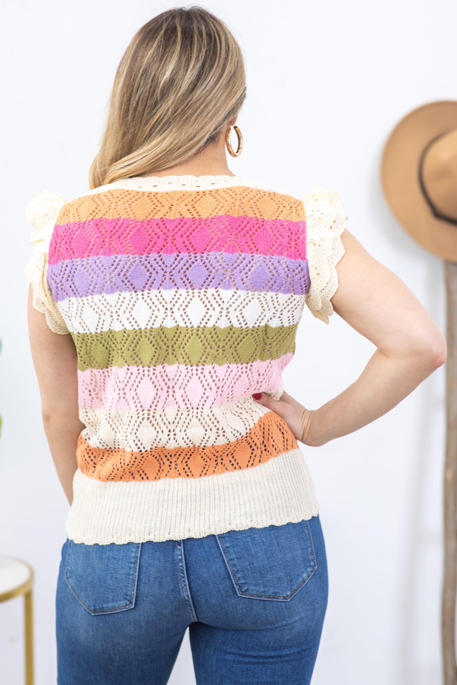 Beige Pointelle Multicolor Striped Knit Top Product Image