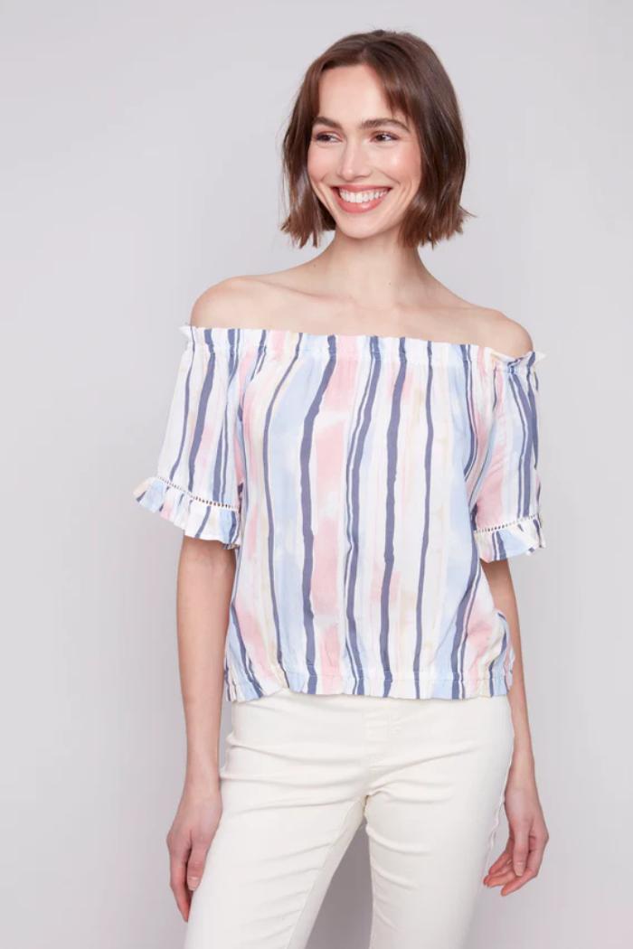 Printed Short Sleeve Peasant Blouse Product Image