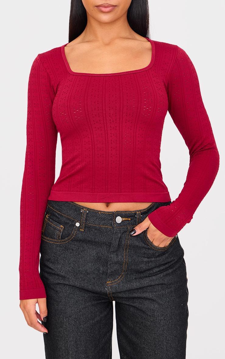 Burgundy Contour Pointelle Square Neck Long Sleeve Top Product Image