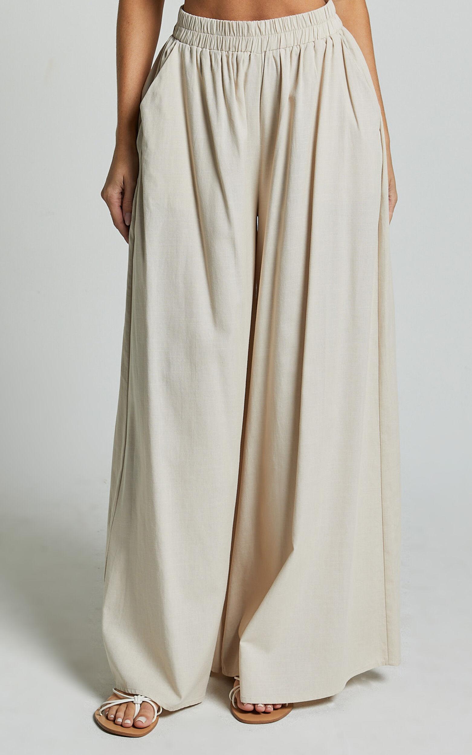 Tamara Pants - High Elasticated Waist Wide Leg Pants in Natural Product Image