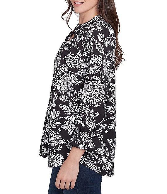 Ruby Rd. Woven Floral Mandarin Collar 3/4 Sleeve Button-Front Top Product Image