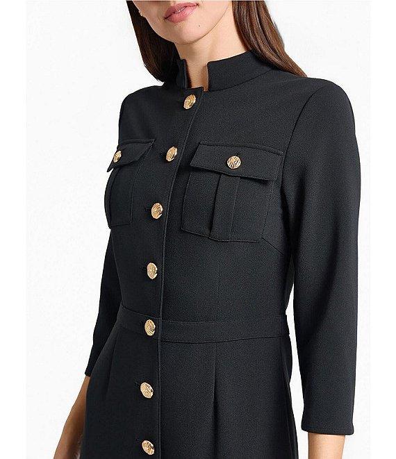 Ming Wang Stretch Deco Crepe Utility Stand Collar 3/4 Sleeve Button Front Dress Product Image