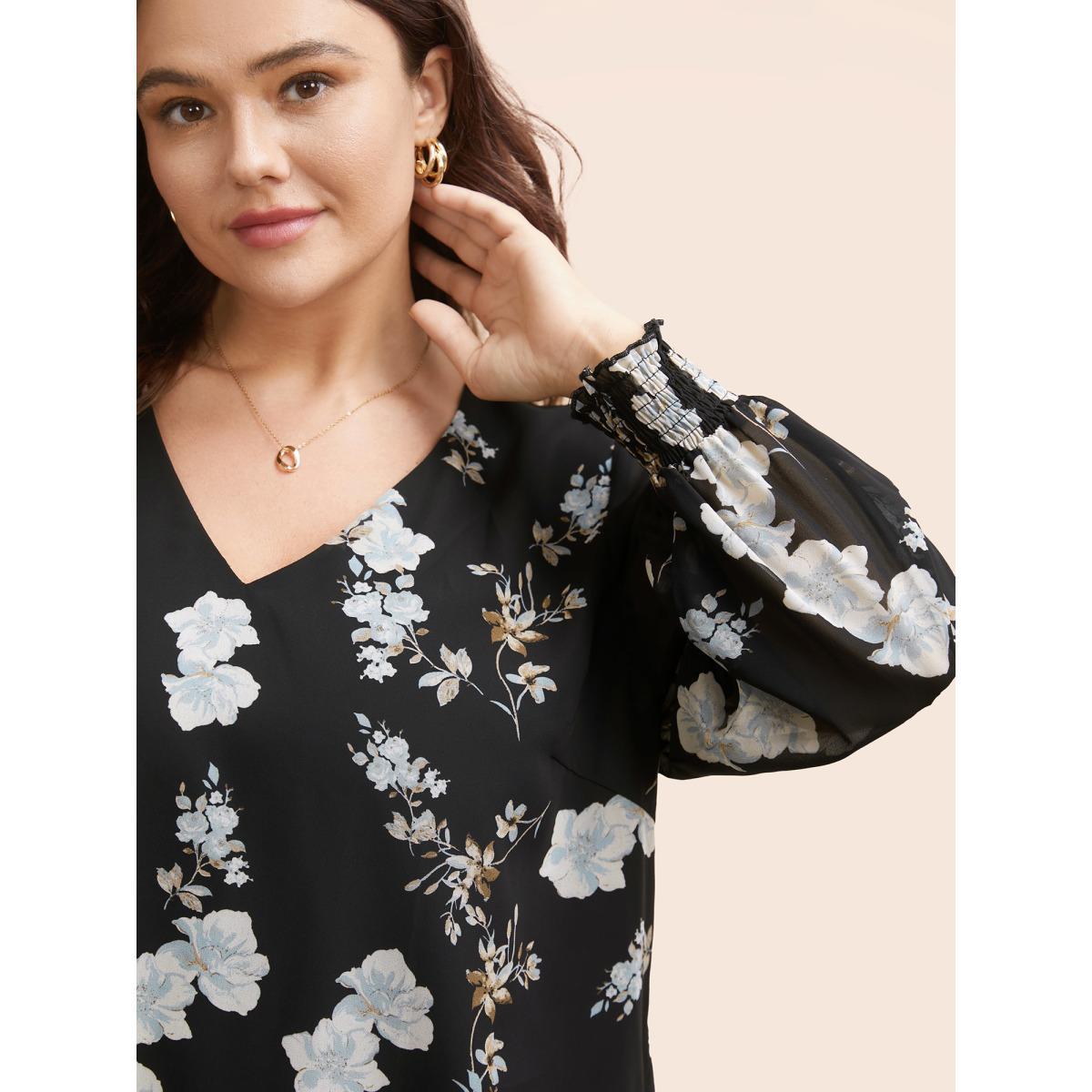 Plus Size Black Floral Chiffon Shirred Lantern Sleeve Blouse Women Elegant Long Sleeve V-neck Everyday Blouses BloomChic 30/6X Product Image