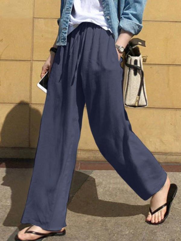 High Waisted Loose Drawstring Pockets Solid Color Pants Trousers Product Image