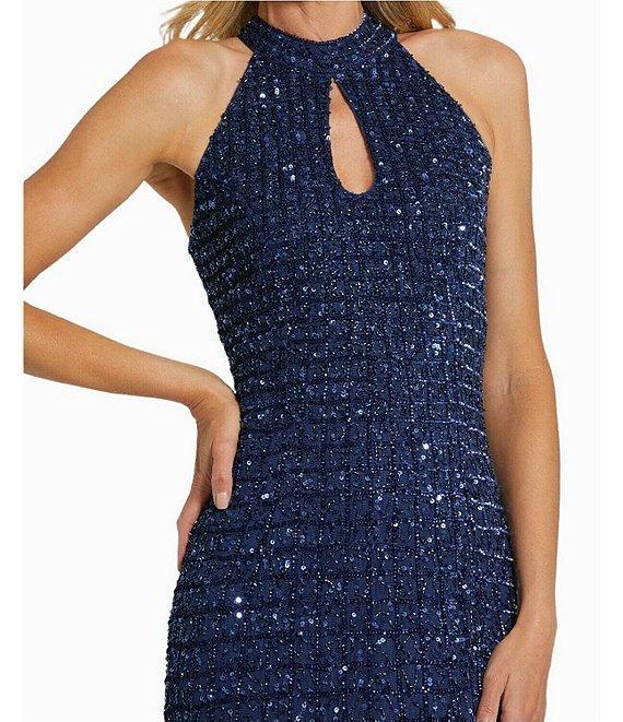 Mac Duggal Keyhole Neck Beaded Mesh Column Gown Product Image