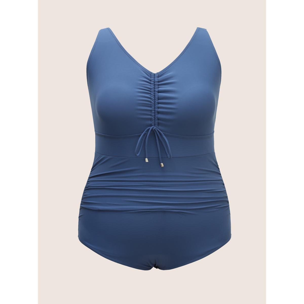 Plus Size Plain V Neck Drawstring Gathered One Piece Swimsuit Women's Swimwear Mediumblue Beach Gathered Curve Bathing Suits High stretch One Pieces BloomChic 28/5X Product Image